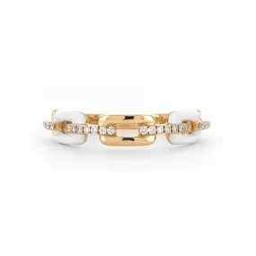 0.14ctw Link Pave   White Enamel Band Ring - Yellow Gold