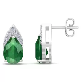 1 3/4 Carat Pear Shape Emerald And Diamond Earrings In 14 Karat White Gold