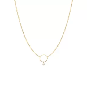 14k Circle Necklace with Dangling Diamond Bezel