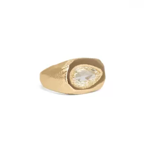 18K Carved Signet Ring with Pear Diamond