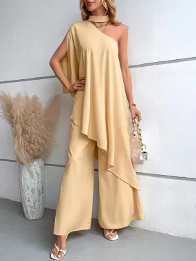 Asymmetrical neck cloak sleeve top & wide leg trousers