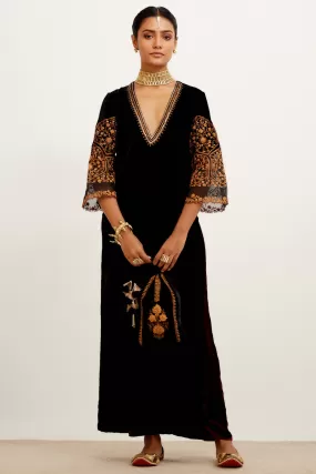 Black and Maroon Zari Embroidered Velvet Kurta Set