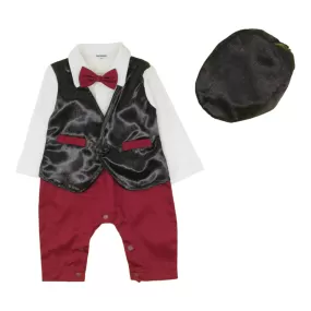 Bowtie Romper With Attached Waistcoat And Cap - Maroon