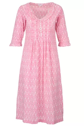 Cotton Karen 3/4 Sleeve Day Dress in Fresh Pink & White