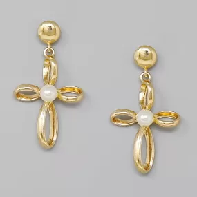 Cross Pearl Embellished Dangle Earrings