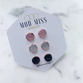 Druzy Stud Earring Set of 3 Crystal Pink, Clear, & Black in Rose Gold Setting