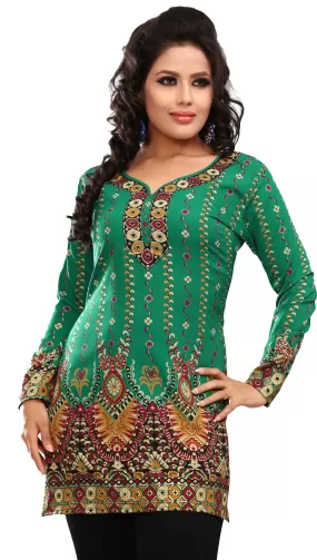 Elegant Green Short Kurti for Women with Intricate Print Design