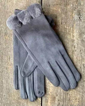 Faux Fur Pom Pom Gloves - Grey