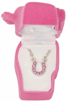 Girls Pink rhinestone horseshoe necklace in pink horse case