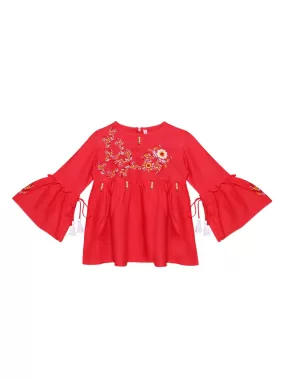 Ishin Girls Viscose Rayon Pink Embroidered Top