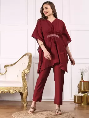 Ishin Women Maroon Kimono Sleeve Asymmetric Kaftan Kurti with Trousers