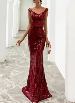 Maroon Off Shoulder Sequin Maxi Dress