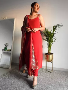 Maroon Poly Crepe Solid Kurta with Pant and Dupatta