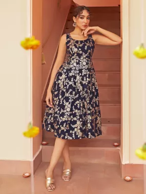 Navy Blue Brocade Woven Design Flared Dress