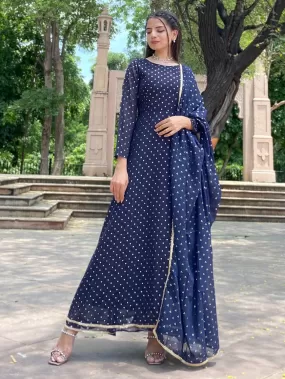 Navy Blue Poly Georgette Foil Print Kurta with Dupatta