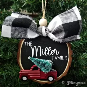 Personalized Red Truck Family Christmas Ornament | Personalized Wood Slice