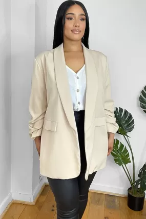 Ruched Sleeves Open Front Blazer